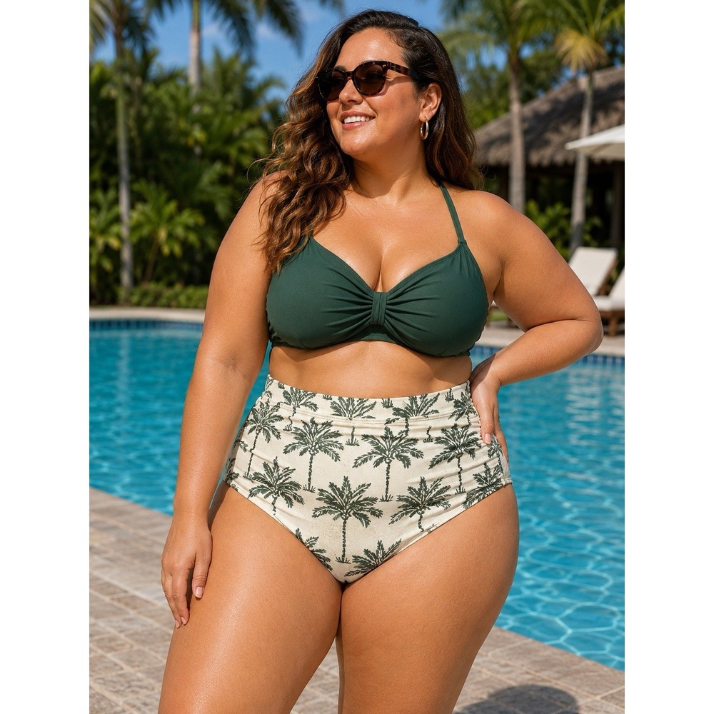 Cacique Lane Bryant High Waist Bikini Bottom Palm Tree Print Green White Size 30